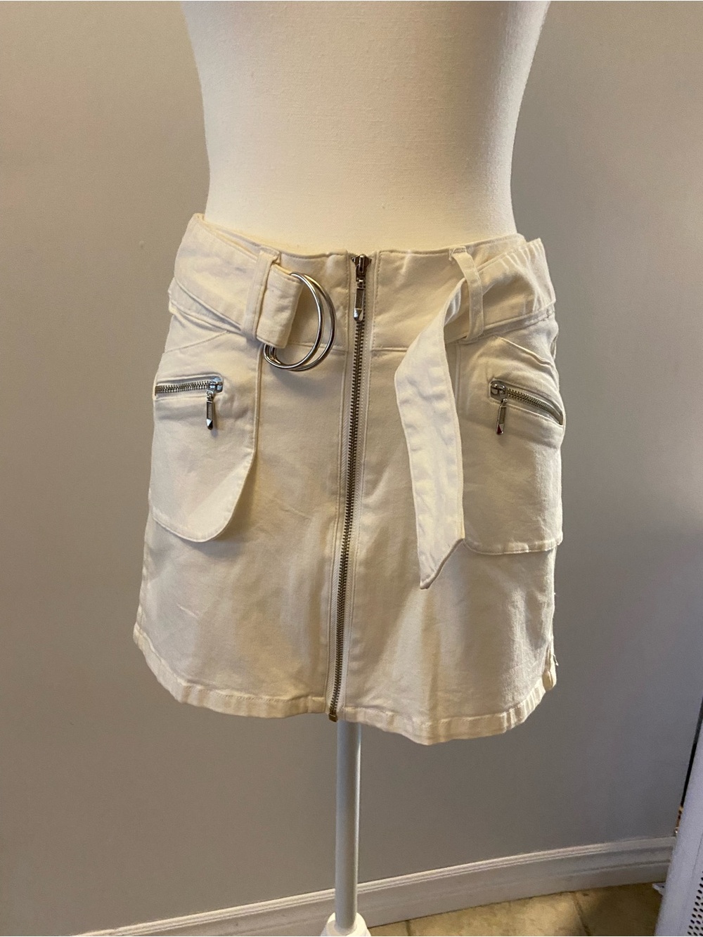 Cream Utility Mini Skirt with Zip Front and Belt